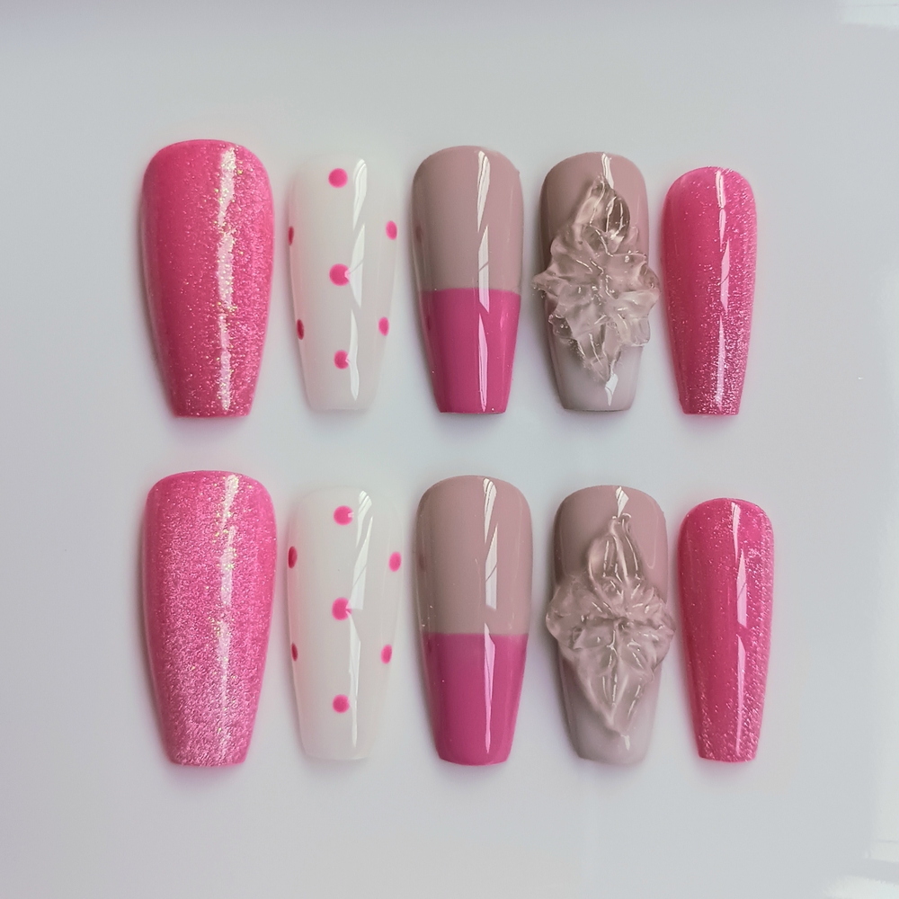 ✨️3d Flower Pink Glitter Cat Eye Handmade Gel Press On Nail Art Set 10pcs